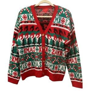 Holiday Cardigan Red, Green,White Christmas Sweater Festive Party Pictures Sz XL